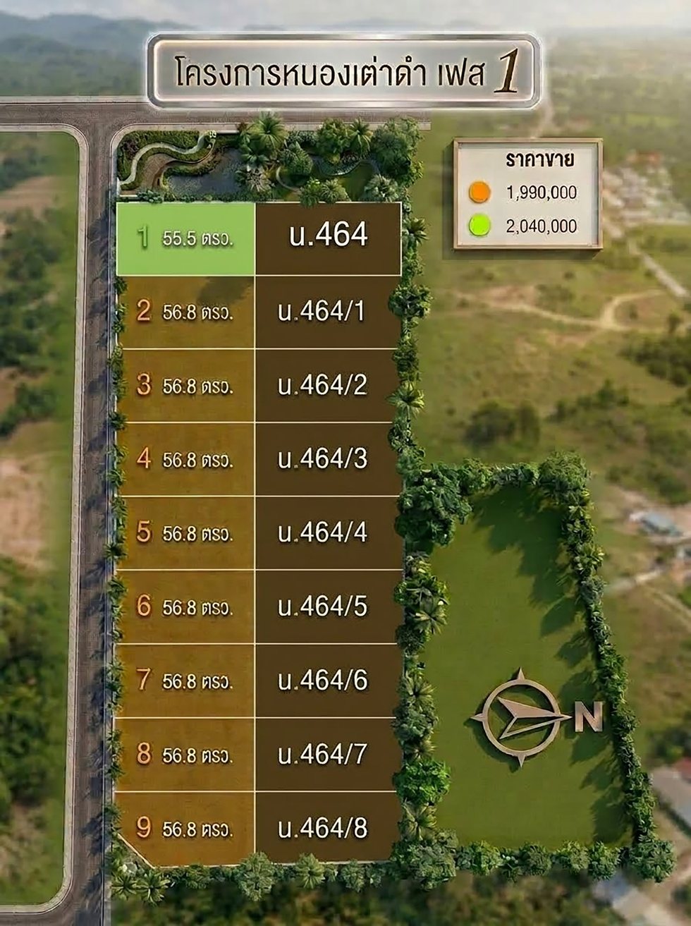 ผังโครงการบ้านหนองเต่าคำ เฟส 1 แปลงที่ 1-9 พร้อมเนื้อที่ บ้านเลขที่ และราคาขาย